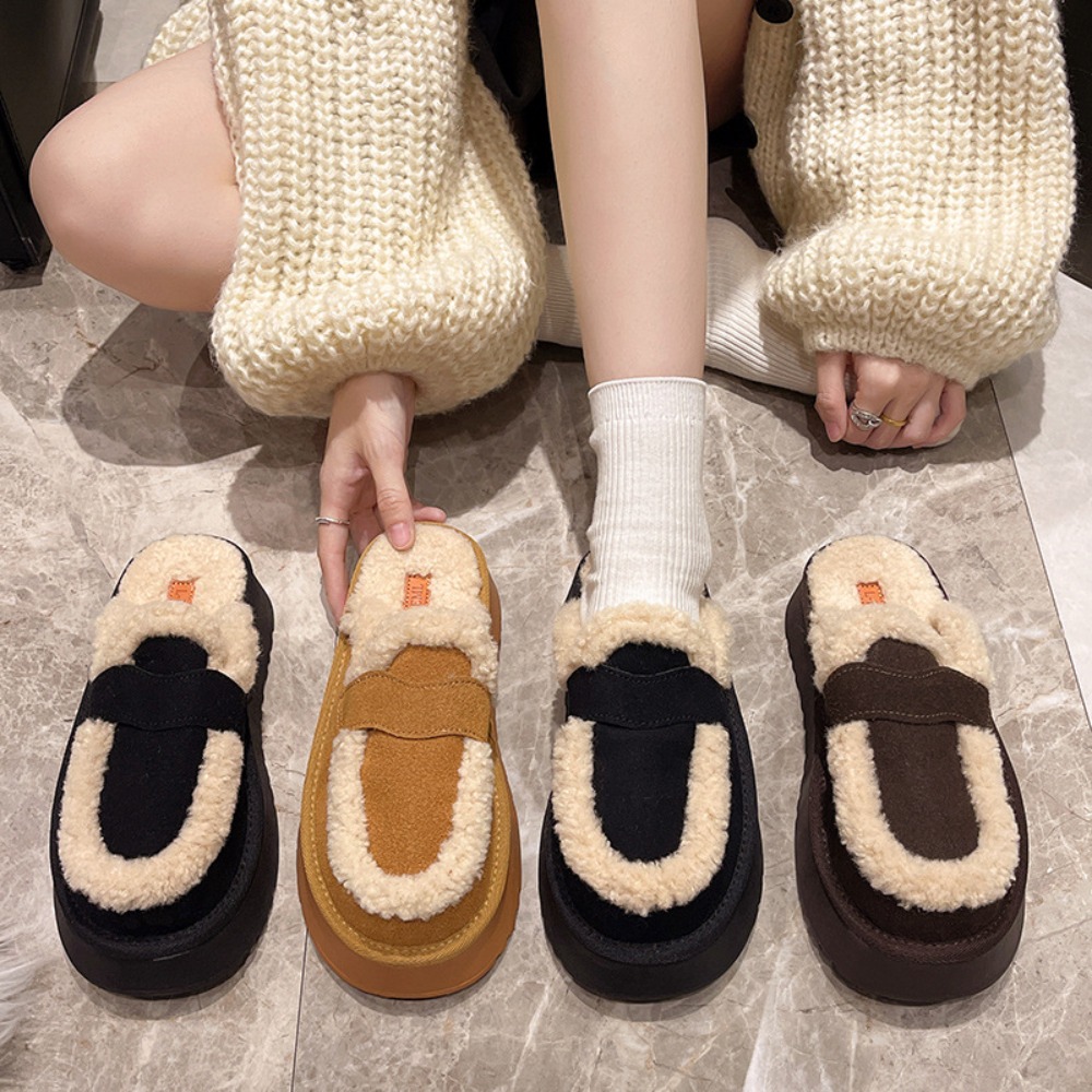 Sewing Cotton - 女性スリッパデザイナーフロストレザー冬ブーツ厚底家庭用綿スリッパ女性ファッションぬいぐるみボケンスリッパ