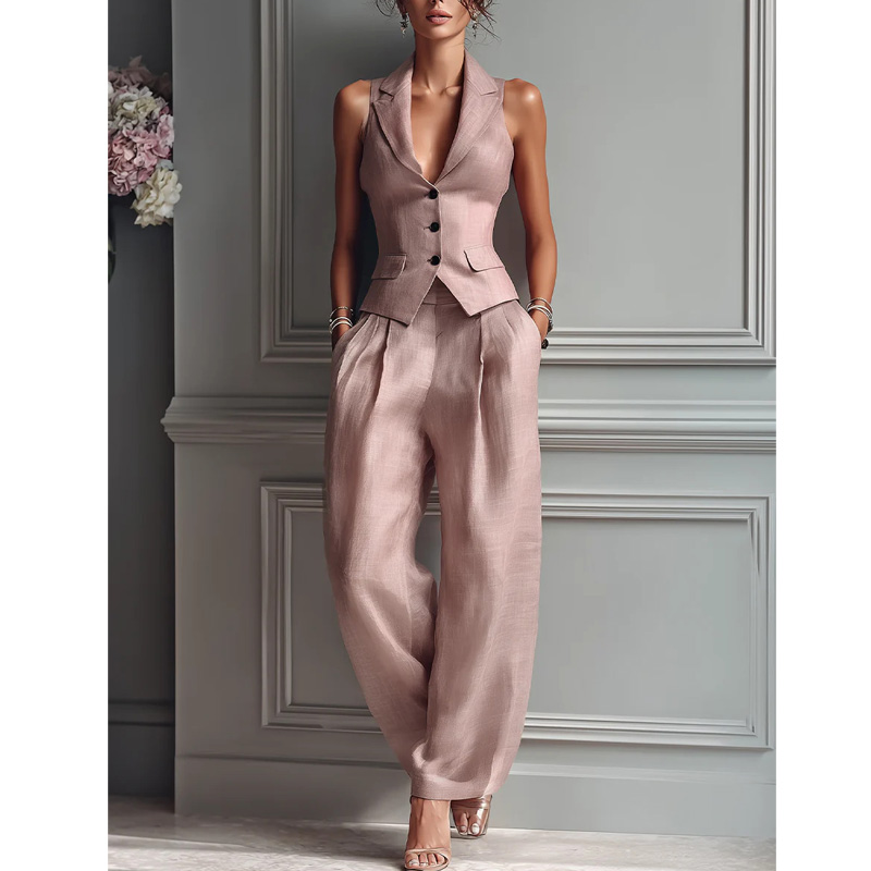 Sewing Vest - 2026年夏 レディース ツーピースセット シングルブレスト ノースリーブベストトップとトラウザーズパンツセットスーツ オフィスレディーススーツ